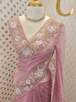 Organza with sequence,cut beads floral garden like design and scallop border - Image 19
