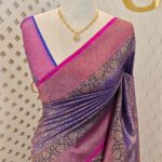 Soft katan with stylized leaf shape and intricate floral pattern and contrast border