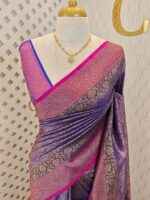 Soft katan with stylized leaf shape and intricate floral pattern and contrast border
