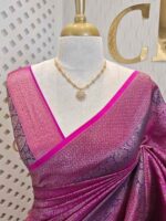 Soft katan with stylized leaf shape and intricate floral pattern and contrast border - Image 5