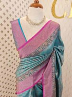 Soft katan with stylized leaf shape and intricate floral pattern and contrast border - Image 10