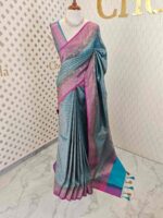 Soft katan with stylized leaf shape and intricate floral pattern and contrast border - Image 12