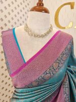 Soft katan with stylized leaf shape and intricate floral pattern and contrast border - Image 11