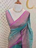 Soft katan with stylized leaf shape and intricate floral pattern and contrast border - Image 13