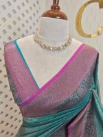 Soft katan with stylized leaf shape and intricate floral pattern and contrast border - Image 14