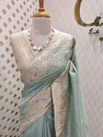 Semi tussar with golden and silver metallic thread peacock, creepy design - Image 4