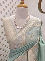Semi tussar with golden and silver metallic thread peacock, creepy design - Image 5