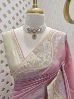 Semi tussar with golden and silver metallic thread peacock, creepy design - Image 2