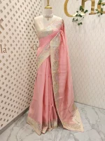 Semi tussar with golden and silver metallic thread peacock, creepy design - Image 9