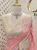 Semi tussar with golden and silver metallic thread peacock, creepy design - Image 8