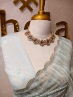 Organza with vertical metallic looking thread and decorative scallop boarder - Image 5