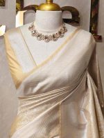 Banarasi with small floral and leaf patterns all over the body portions and geometrical pattern boarder - Image 8