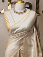 Banarasi with small floral and leaf patterns all over the body portions and geometrical pattern boarder - Image 7