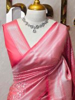 Banarasi with small floral and leaf patterns all over the body portions and geometrical pattern boarder - Image 5