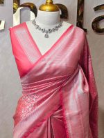 Banarasi with small floral and leaf patterns all over the body portions and geometrical pattern boarder - Image 4