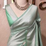 Banarasi with small floral and leaf patterns all over the body portions and geometrical pattern boarder