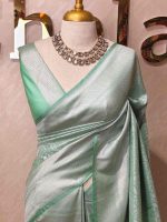 Banarasi with small floral and leaf patterns all over the body portions and geometrical pattern boarder