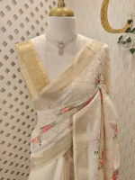 Chandheri  silk with multi coloured thread work and geometric thread work on the body and pallu part