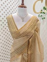 Linen with detailed embroidery works notably french knots on the pallu and the boarder