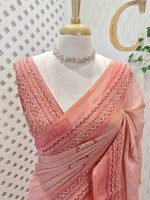 Linen with detailed embroidery works notably french knots on the pallu and the boarder - Image 5