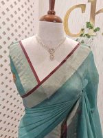 Linen saree with thick multicoloured embroidery work with the combination of pink and red colour threads - Image 2