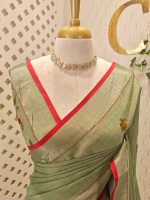 Linen saree with intricate floral motifs in shades of red, yellow, and beige, accompanied by green leaves and decorative horizontal running stitches - Image 3