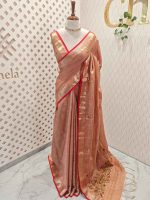 Linen saree with intricate floral motifs in shades of red, yellow, and beige, accompanied by green leaves and decorative horizontal running stitches - Image 5