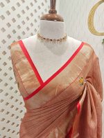 Linen saree with intricate floral motifs in shades of red, yellow, and beige, accompanied by green leaves and decorative horizontal running stitches - Image 7
