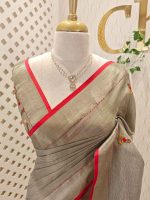 Linen saree with double shade on the main body and with thick bullion knot worked pallu - Image 2