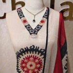Linen salwar with large contrast coloured thread work on the body and on the neckline