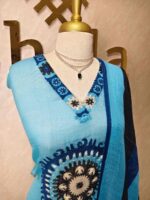 Linen salwar with large contrast coloured thread work on the body and on the neckline - Image 11