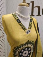 Linen salwar with large contrast coloured thread work on the body and on the neckline - Image 8