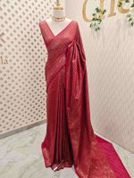 Soft katan with the main body of the saree has an all over floral motif and the boarder has diamond shaped patterns - Image 3