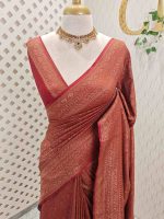Soft katan with body features floral pattern enclosed within geometric diamond shapes. and a decorative zari border with repetitive linear and floral elements - Image 4