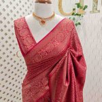 Soft katan with small leaf like motif all over the main body and large floral motifs boarder