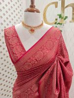 Soft katan with small leaf like motif all over the main body and large floral motifs boarder - Image 2