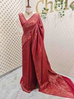 Soft katan with small leaf like motif all over the main body and large floral motifs boarder - Image 3