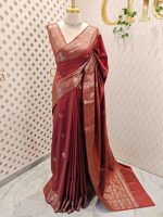 Semi tussar banarasi with detailed floral motifs woven in gold zari - Image 27