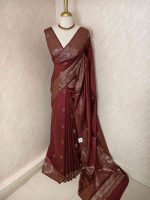 Semi tussar banarasi with detailed floral motifs woven in gold zari - Image 3