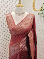 Semi tussar banarasi with detailed floral motifs woven in gold zari - Image 25
