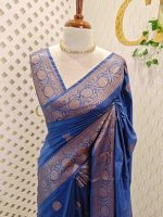 Semi tussar banarasi with detailed floral motifs woven in gold zari - Image 28