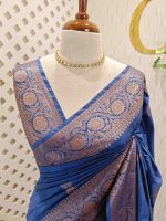 Semi tussar banarasi with detailed floral motifs woven in gold zari - Image 29