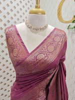 Semi tussar banarasi with detailed floral motifs woven in gold zari - Image 32