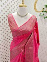 Semi tussar banarasi with detailed floral motifs woven in gold zari - Image 34