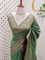 Semi tussar banarasi with detailed floral motifs woven in gold zari - Image 37