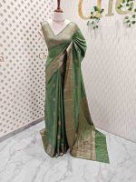 Semi tussar banarasi with detailed floral motifs woven in gold zari - Image 39