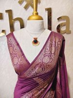 Semi tussar banarasi with detailed floral motifs woven in gold zari