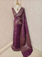 Semi tussar banarasi with detailed floral motifs woven in gold zari - Image 6