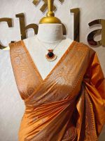 Semi tussar banarasi with detailed floral motifs woven in gold zari - Image 10