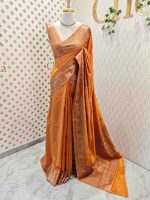 Semi tussar banarasi with detailed floral motifs woven in gold zari - Image 48